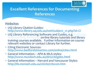 Websites
 UQ Library Citation Guides:
http://www.library.uq.edu.au/nott/subject_vr.php?id=CI
 UQ Library Referencing Software and Guides, e.g. EndNote,
EndNoteWeb, RefWorks on-line library tutorials and library
training courses available. Further information on course-
relevant websites or contact Library for further.
 Citing Electronic Sources:
http://www.bedfordstmartins.com/online/citex.html
 General Information – APA & MLA styles:
http://www.murdoch.edu.au/dirs/citegdes.html
 General Information – Harvard and Vancouver Styles:
http://lib.monash.edu.au/vl/cite/citecon.htm
Excellent References for Documenting
References
 