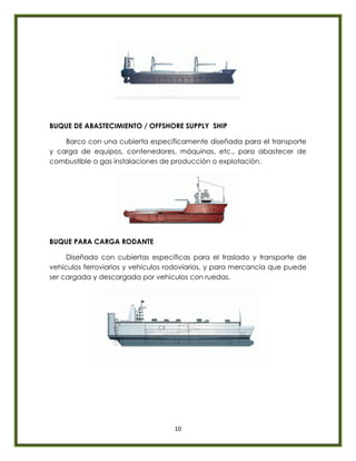 10
BUQUE DE ABASTECIMIENTO / OFFSHORE SUPPLY SHIP
Barco con una cubierta específicamente diseñada para el transporte
y carga de equipos, contenedores, máquinas, etc., para abastecer de
combustible o gas instalaciones de producción o explotación.
BUQUE PARA CARGA RODANTE
Diseñado con cubiertas específicas para el traslado y transporte de
vehículos ferroviarios y vehículos rodoviarios, y para mercancía que puede
ser cargada y descargada por vehículos con ruedas.
 
