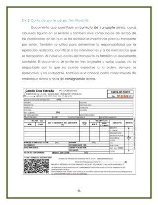 41
2.4.2 Carta de porte aéreo (Air Waybill).
Documento que constituye un contrato de transporte aéreo, cuyas
cláusulas figuran en su reverso y también sirve como acuse de recibo de
las condiciones en las que se ha recibido la mercancía para su transporte
por avión. También se utiliza para determinar la responsabilidad por la
operación realizada, identificar a los intervinientes y a las mercancías que
se transportan. Al incluir los costes del transporte es también un documento
contable. El documento se emite en tres originales y varias copias, no es
negociable por lo que no puede expedirse a la orden, siempre es
nominativo, y no endosable. También se le conoce como conocimiento de
embarque aéreo o nota de consignación aérea.
 