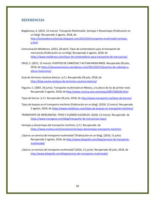 44
REFERENCIAS
Bogdanova, A. (2015, 23 marzo). Transporte Multimodal, Ventajas Y Desventajas [Publicación en
un blog]. Recuperado 2 agosto, 2018, de
http://laclasedeoscarboluda.blogspot.com/2015/03/transporte-multimodal-ventajas-
y.html
Comunicación Moldtrans. (2015, 28 abril). Tipos de contenedores para el transporte de
mercancías [Publicación en un blog]. Recuperado 2 agosto, 2018, de
https://www.moldtrans.com/tipos-de-contenedores-para-transporte-de-mercancias/
CRUZ, C. (2011, 15 marzo). PUERTOS DE CABOTAJE Y ALTURA MEXICANOS. Recuperado 28 julio,
2018, de https://aduanaenmexico.wordpress.com/2011/03/15/puertos-de-cabotaje-y-
altura-mexicanos/
Guía de términos náuticos básicos. (s.f.). Recuperado 28 julio, 2018, de
http://blog.nautia.net/guia-de-terminos-nauticos-basicos/
Higuera, C. (2007, 29 junio). Transporte multimodal en México, a la altura de los de primer nivel.
Recuperado 2 agosto, 2018, de http://www.cronica.com.mx/notas/2007/309326.html
Tipos de barcos. (s.f.). Recuperado 28 julio, 2018, de http://www.transporte.mx/tipos-de-barcos/
Tipos de buques en el transporte marítimo [Publicación en un blog]. (2018, 12 enero). Recuperado
2 agosto, 2018, de https://www.moldtrans.com/tipos-de-buques-en-transporte-maritimo/
TRANSPORTE DE MERCANCÍAS: TIPOS Y CUÁNDO ELEGIRLOS. (2018, 13 marzo). Recuperado de
https://www.transgesa.com/blog/transporte-de-mercancias-tipos/
Ventajas y desventajas del transporte marítimo. (s.f.). Recuperado de
https://www.maitsa.com/transitario/ventajas-desventajas-transporte-maritimo
¿Qué es un servicio de transporte multimodal? [Publicación en un blog]. (2016, 11 julio).
Recuperado 2 agosto, 2018, de http://www.bilogistik.com/blog/servicio-de-transporte-
multimodal/
¿Qué es un servicio de transporte multimodal? (2016, 11 junio). Recuperado 30 julio, 2018, de
http://www.bilogistik.com/blog/servicio-de-transporte-multimodal/
 