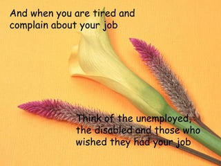 And when you are tired and
complain about your job
Think of the unemployed,
the disabled and those who
wished they had your job
 
