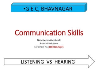 Communication Skills
Name:Mehta Abhishek P.
Branch:Production
Enrolment No.:160210125071
▪G E C, BHAVNAGAR
LISTENING VS HEARING
 