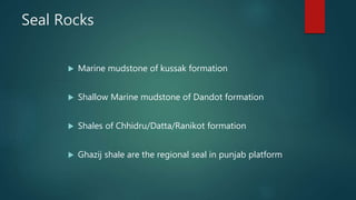 Seal Rocks
 Marine mudstone of kussak formation
 Shallow Marine mudstone of Dandot formation
 Shales of Chhidru/Datta/Ranikot formation
 Ghazij shale are the regional seal in punjab platform
 