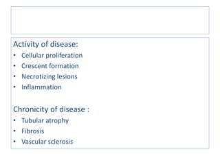 Activity of disease:
• Cellular proliferation
• Crescent formation
• Necrotizing lesions
• Inflammation
Chronicity of disease :
• Tubular atrophy
• Fibrosis
• Vascular sclerosis
Renal pathology report Disease Stage
 