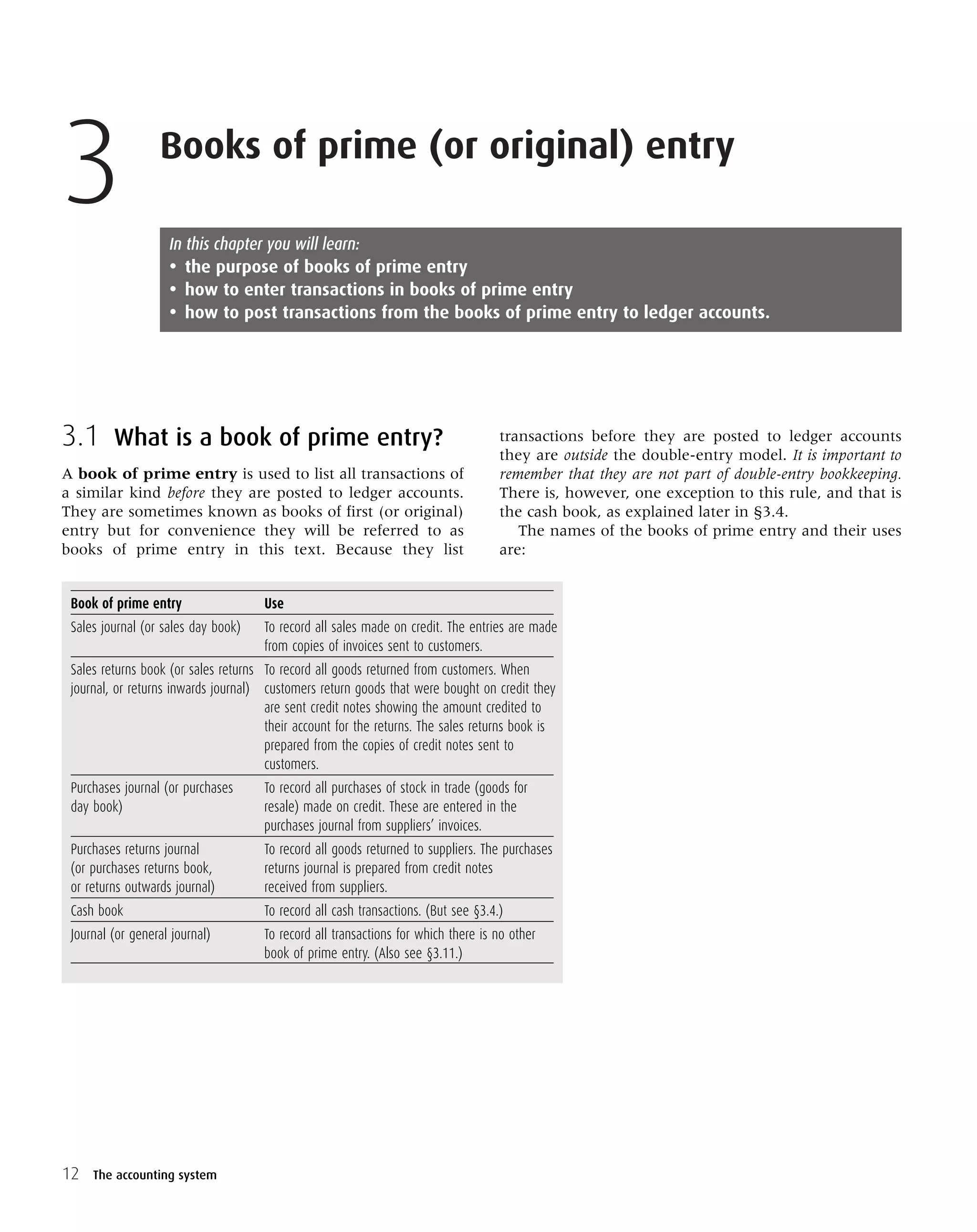 12
Books of prime (or original) entry
3 In this chapter you will learn:
• the purpose of books of prime entry
• how to enter transactions in books of prime entry
• how to post transactions from the books of prime entry to ledger accounts.
The accounting system
3.1 What is a book of prime entry?
A book of prime entry is used to list all transactions of
a similar kind before they are posted to ledger accounts.
They are sometimes known as books of first (or original)
entry but for convenience they will be referred to as
books of prime entry in this text. Because they list
transactions before they are posted to ledger accounts
they are outside the double-entry model. It is important to
remember that they are not part of double-entry bookkeeping.
There is, however, one exception to this rule, and that is
the cash book, as explained later in §3.4.
The names of the books of prime entry and their uses
are:
Book of prime entry Use
Sales journal (or sales day book) To record all sales made on credit. The entries are made
from copies of invoices sent to customers.
Sales returns book (or sales returns To record all goods returned from customers. When
journal, or returns inwards journal) customers return goods that were bought on credit they
are sent credit notes showing the amount credited to
their account for the returns. The sales returns book is
prepared from the copies of credit notes sent to
customers.
Purchases journal (or purchases To record all purchases of stock in trade (goods for
day book) resale) made on credit. These are entered in the
purchases journal from suppliers’ invoices.
Purchases returns journal To record all goods returned to suppliers. The purchases
(or purchases returns book, returns journal is prepared from credit notes
or returns outwards journal) received from suppliers.
Cash book To record all cash transactions. (But see §3.4.)
Journal (or general journal) To record all transactions for which there is no other
book of prime entry. (Also see §3.11.)
 