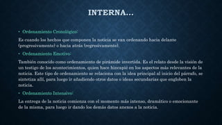 INTERNA…
• Ordenamiento Cronológico:
Es cuando los hechos que componen la noticia se van ordenando hacia delante
(progresivamente) o hacia atrás (regresivamente).
• Ordenamiento Emotivo:
También conocido como ordenamiento de pirámide invertida. Es el relato desde la visión de
un testigo de los acontecimientos, quien hace hincapié en los aspectos más relevantes de la
noticia. Este tipo de ordenamiento se relaciona con la idea principal al inicio del párrafo, se
sintetiza allí, para luego ir añadiendo otros datos o ideas secundarias que engloben la
noticia.
• Ordenamiento Intensivo:
La entrega de la noticia comienza con el momento más intenso, dramático o emocionante
de la misma, para luego ir dando los demás datos anexos a la noticia.
 