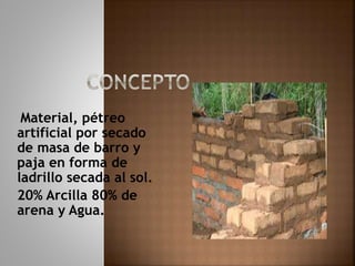 Material, pétreo
artificial por secado
de masa de barro y
paja en forma de
ladrillo secada al sol.
20% Arcilla 80% de
arena y Agua.
 