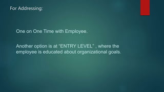 For Addressing:
One on One Time with Employee.
Another option is at “ENTRY LEVEL” , where the
employee is educated about organizational goals.
 