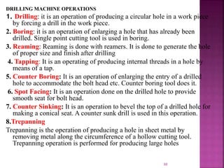 88
DRILLING MACHINE OPERATIONS
1. Drilling: it is an operation of producing a circular hole in a work piece
by forcing a drill in the work piece.
2. Boring: it is an operation of enlarging a hole that has already been
drilled. Single point cutting tool is used in boring.
3. Reaming: Reaming is done with reamers. It is done to generate the hole
of proper size and finish after drilling
4. Tapping: It is an operating of producing internal threads in a hole by
means of a tap.
5. Counter Boring: It is an operation of enlarging the entry of a drilled
hole to accommodate the bolt head etc. Counter boring tool does it.
6. Spot Facing: It is an operation done on the drilled hole to provide
smooth seat for bolt head.
7. Counter Sinking: It is an operation to bevel the top of a drilled hole for
making a conical seat. A counter sunk drill is used in this operation.
8.Trepanning
Trepanning is the operation of producing a hole in sheet metal by
removing metal along the circumference of a hollow cutting tool.
Trepanning operation is performed for producing large holes
 