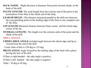 BACK TAPER: Slight decrease in diameter from point towards shank, in the
body of the drill.
FLUTE LENGTH: The axial length from the extreme end of the point to the
termination of the flute at the shank end of the body.
LEAD OF HELIX : The distance measured parallel to the drill axis between
the corresponding point on the leading edge of the flute in one complete turn
of the flute.
LIP LENGTH Minimum distance between Outer corner and the chisel edge
corner of the lip.
OVERALL LENGTH : The length over the extreme ends of the point and the
shank of the drill.
DRILL ANGLES
CHISEL EDGE ANGLE included angle between the chisel edge and lip as
viewed from the end of the drill
. Usual value of this is 120 deg to 135 deg.
HELIX ANGLE Angle formed by the leading edge of the land with a plane
having the axis of the drill.
If flute is right handed – the rake angle is positive .
If flute is left handed – the rake angle is negative
Value : 30 deg to 45 deg.
98
 