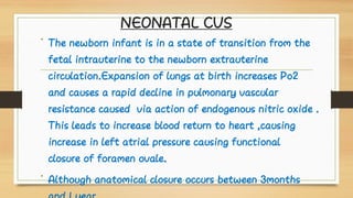 NEONATAL CVS
•
•
The newborn infant is in a state of transition from the
fetal intrauterine to the newborn extrauterine
circulation.Expansion of lungs at birth increases Po2
and causes a rapid decline in pulmonary vascular
resistance caused via action of endogenous nitric oxide .
This leads to increase blood return to heart ,causing
increase in left atrial pressure causing functional
closure of foramen ovale.
Although anatomical closure occurs between 3months
 