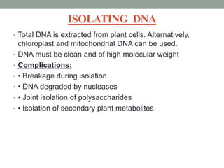 ISOLATING DNA
• Total DNA is extracted from plant cells. Alternatively,
chloroplast and mitochondrial DNA can be used.
• DNA must be clean and of high molecular weight
• Complications:
• • Breakage during isolation
• • DNA degraded by nucleases
• • Joint isolation of polysaccharides
• • Isolation of secondary plant metabolites
 