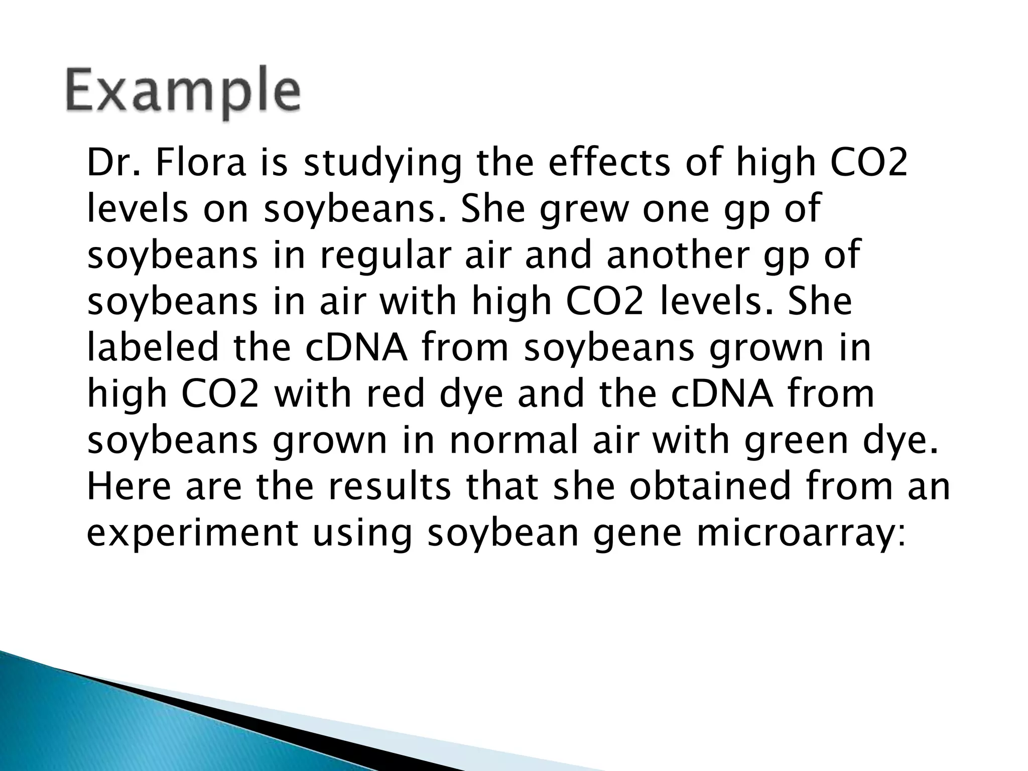 Dr. Flora is studying the effects of high CO2
levels on soybeans. She grew one gp of
soybeans in regular air and another gp of
soybeans in air with high CO2 levels. She
labeled the cDNA from soybeans grown in
high CO2 with red dye and the cDNA from
soybeans grown in normal air with green dye.
Here are the results that she obtained from an
experiment using soybean gene microarray:
 