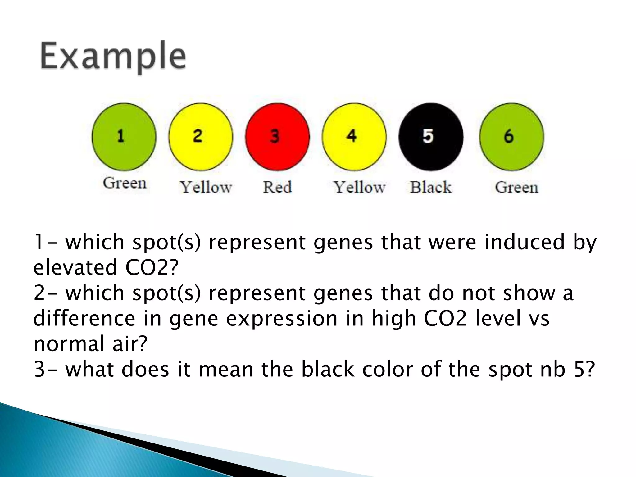 1- which spot(s) represent genes that were induced by
elevated CO2?
2- which spot(s) represent genes that do not show a
difference in gene expression in high CO2 level vs
normal air?
3- what does it mean the black color of the spot nb 5?
 