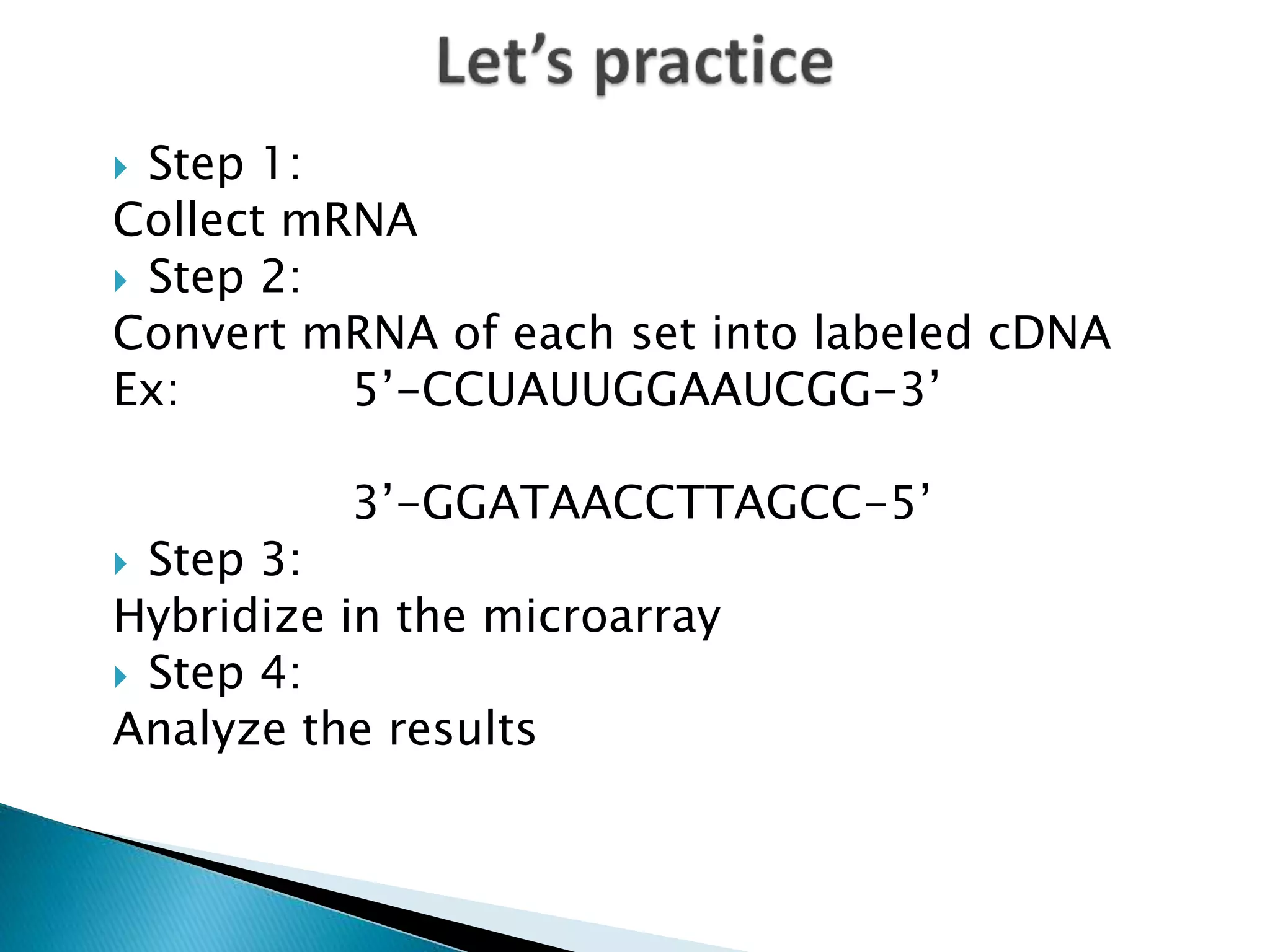  Step 1:
Collect mRNA
 Step 2:
Convert mRNA of each set into labeled cDNA
Ex: 5’-CCUAUUGGAAUCGG-3’
3’-GGATAACCTTAGCC-5’
 Step 3:
Hybridize in the microarray
 Step 4:
Analyze the results
 
