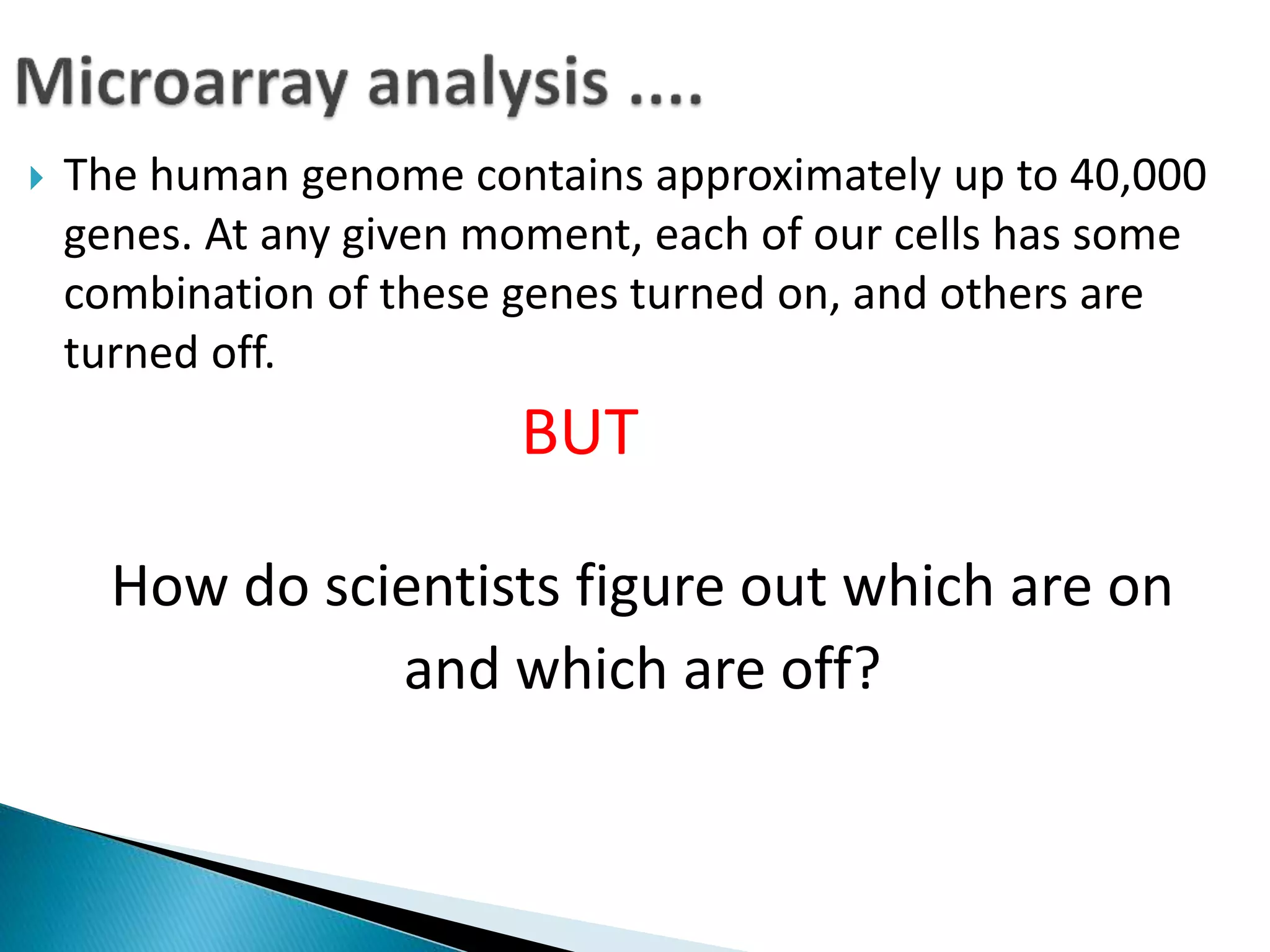  The human genome contains approximately up to 40,000
genes. At any given moment, each of our cells has some
combination of these genes turned on, and others are
turned off.
BUT
How do scientists figure out which are on
and which are off?
 
