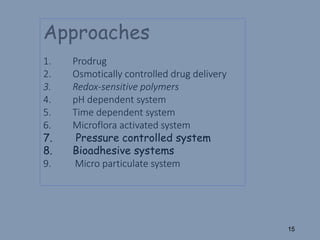 Approaches
1. Prodrug
2. Osmotically controlled drug delivery
3. Redox-sensitive polymers
4. pH dependent system
5. Time dependent system
6. Microflora activated system
7. Pressure controlled system
8. Bioadhesive systems
9. Micro particulate system
15
 