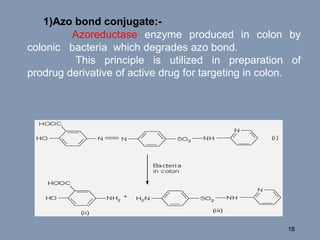 1)Azo bond conjugate:-
Azoreductase enzyme produced in colon by
colonic bacteria which degrades azo bond.
This principle is utilized in preparation of
prodrug derivative of active drug for targeting in colon.
18
 