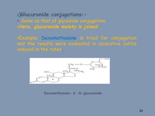 3)Glucuronide conjugations:-
• Same as that of glycoside conjugation.
•Here, glucuronide moiety is joined
•Example: Dexamethasone is tried for conjugation
and the results were evaluated in ulcerative colitis
induced in the rates.
Dexamethasone- b -D-glucuronide.
24
 