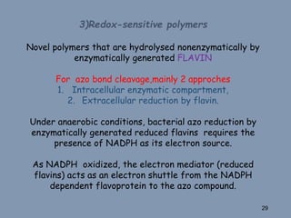 3)Redox-sensitive polymers
Novel polymers that are hydrolysed nonenzymatically by
enzymatically generated FLAVIN
For azo bond cleavage,mainly 2 approches
1. Intracellular enzymatic compartment,
2. Extracellular reduction by flavin.
Under anaerobic conditions, bacterial azo reduction by
enzymatically generated reduced flavins requires the
presence of NADPH as its electron source.
As NADPH oxidized, the electron mediator (reduced
flavins) acts as an electron shuttle from the NADPH
dependent flavoprotein to the azo compound.
29
 