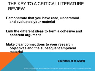 Slide 3.13
Saunders, Lewis and Thornhill, Research Methods for Business Students, 5th Edition, © Mark Saunders, Philip Lewis and Adrian Thornhill 2009
THE KEY TO A CRITICAL LITERATURE
REVIEW
Demonstrate that you have read, understood
and evaluated your material
Link the different ideas to form a cohesive and
coherent argument
Make clear connections to your research
objectives and the subsequent empirical
material
Saunders et al. (2009)
 