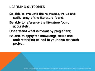 Slide 3.3
Saunders, Lewis and Thornhill, Research Methods for Business Students, 5th Edition, © Mark Saunders, Philip Lewis and Adrian Thornhill 2009
LEARNING OUTCOMES
Be able to evaluate the relevance, value and
sufficiency of the literature found;
Be able to reference the literature found
accurately;
Understand what is meant by plagiarism;
Be able to apply the knowledge, skills and
understanding gained to your own research
project.
 