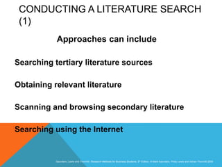 Slide 3.33
Saunders, Lewis and Thornhill, Research Methods for Business Students, 5th Edition, © Mark Saunders, Philip Lewis and Adrian Thornhill 2009
CONDUCTING A LITERATURE SEARCH
(1)
Approaches can include
Searching tertiary literature sources
Obtaining relevant literature
Scanning and browsing secondary literature
Searching using the Internet
 