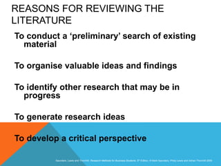 Slide 3.4
Saunders, Lewis and Thornhill, Research Methods for Business Students, 5th Edition, © Mark Saunders, Philip Lewis and Adrian Thornhill 2009
REASONS FOR REVIEWING THE
LITERATURE
To conduct a ‘preliminary’ search of existing
material
To organise valuable ideas and findings
To identify other research that may be in
progress
To generate research ideas
To develop a critical perspective
 