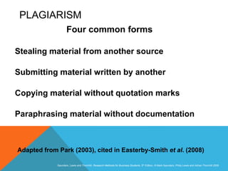 Slide 3.40
Saunders, Lewis and Thornhill, Research Methods for Business Students, 5th Edition, © Mark Saunders, Philip Lewis and Adrian Thornhill 2009
PLAGIARISM
Four common forms
Stealing material from another source
Submitting material written by another
Copying material without quotation marks
Paraphrasing material without documentation
Adapted from Park (2003), cited in Easterby-Smith et al. (2008)
 