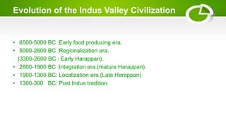 Evolution of the Indus Valley Civilization
• 6500-5000 BC :Early food producing era.
• 5000-2600 BC :Regionalization era.
(3300-2600 BC : Early Harappan).
• 2600-1900 BC :Integration era.(mature Harappan).
• 1900-1300 BC: Localization era.(Late Harappan)
• 1300-300 BC: Post Indus tradition.
 