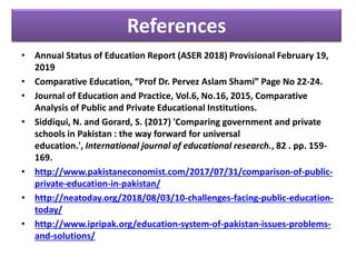 References
• Annual Status of Education Report (ASER 2018) Provisional February 19,
2019
• Comparative Education, “Prof Dr. Pervez Aslam Shami” Page No 22-24.
• Journal of Education and Practice, Vol.6, No.16, 2015, Comparative
Analysis of Public and Private Educational Institutions.
• Siddiqui, N. and Gorard, S. (2017) 'Comparing government and private
schools in Pakistan : the way forward for universal
education.', International journal of educational research., 82 . pp. 159-
169.
• http://www.pakistaneconomist.com/2017/07/31/comparison-of-public-
private-education-in-pakistan/
• http://neatoday.org/2018/08/03/10-challenges-facing-public-education-
today/
• http://www.ipripak.org/education-system-of-pakistan-issues-problems-
and-solutions/
 