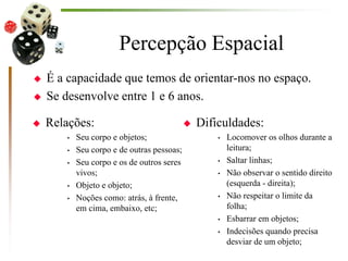 Percepção Espacial
 Relações:
• Seu corpo e objetos;
• Seu corpo e de outras pessoas;
• Seu corpo e os de outros seres
vivos;
• Objeto e objeto;
• Noções como: atrás, à frente,
em cima, embaixo, etc;
 Dificuldades:
• Locomover os olhos durante a
leitura;
• Saltar linhas;
• Não observar o sentido direito
(esquerda - direita);
• Não respeitar o limite da
folha;
• Esbarrar em objetos;
• Indecisões quando precisa
desviar de um objeto;
 É a capacidade que temos de orientar-nos no espaço.
 Se desenvolve entre 1 e 6 anos.
 