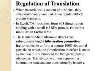 Regulation of Translation
 When bacterial cells run out of nutrients, they
enter stationary phase and down regulate/block
protein synthesis.
 In E.coli,70S ribosomes form 90S dimers upon
binding with a small 6.5 kDa protein, ribosome
modulation factor RMF.
 These intermediate ribosome dimers can
subsequently bind a hibernation promotion
factor molecule to form a mature 100S ribosomal
particle, in which the dimerization interface is made
by the two 30S subunits of the two participating
ribosomes. The ribosome dimers represent a
hibernation state and are translationally inactive.
 