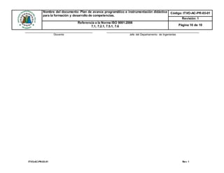 Nombre del documento: Plan de avance programático e instrumentación didáctica
para la formación y desarrollo de competencias.
Código: ITVO-AC-PR-03-01
Revisión: 1
Referencia a la Norma ISO 9001:2008
7.1, 7.2.1, 7.5.1, 7.6 Página 10 de 10
ITVO-AC-PR-03-01 Rev. 1
Docente Jefa del Departamento de Ingenierías
 