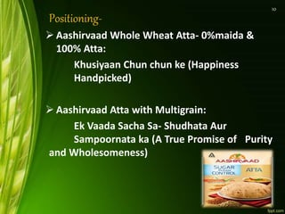 Positioning-
 Aashirvaad Whole Wheat Atta- 0%maida &
100% Atta:
Khusiyaan Chun chun ke (Happiness
Handpicked)
 Aashirvaad Atta with Multigrain:
Ek Vaada Sacha Sa- Shudhata Aur
Sampoornata ka (A True Promise of Purity
and Wholesomeness)
10
 
