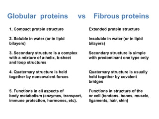 1. Compact protein structure Extended protein structure
2. Soluble in water (or in lipid Insoluble in water (or in lipid
bilayers) bilayers)
3. Secondary structure is а complex Secondary structure is simple
with a mixture of a-helix, b-sheet with predominant one type only
and loop structures
4. Quaternary structure is held Quaternary structure is usually
together by noncovalent forces held together by covalent
bridges
5. Functions in all aspects of Functions in structure of the
body metabolism (enzymes, transport, or cell (tendons, bones, muscle,
immune protection, hormones, etc). ligaments, hair, skin)
Globular proteins vs Fibrous proteins
 