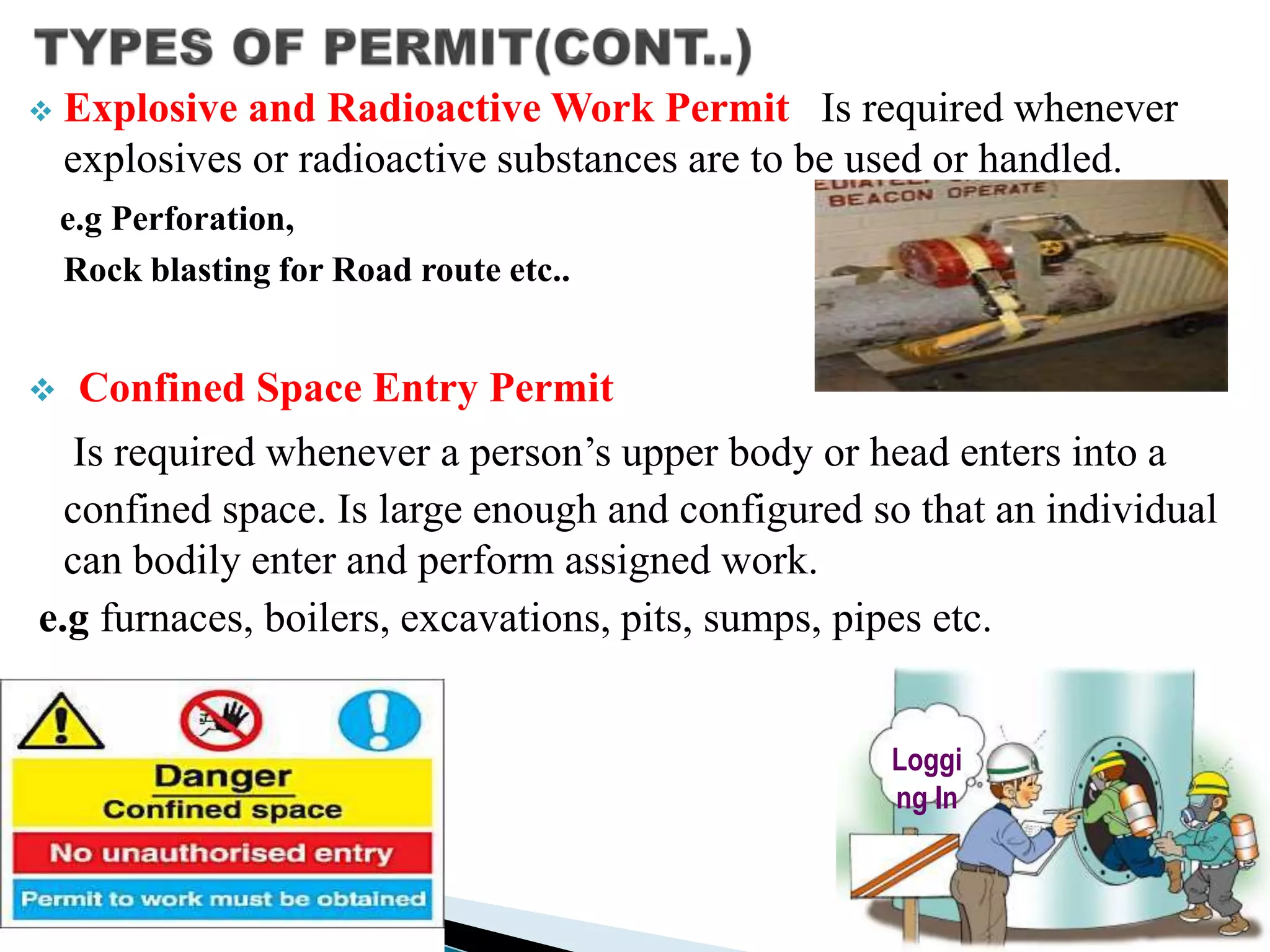  Explosive and Radioactive Work Permit Is required whenever
explosives or radioactive substances are to be used or handled.
e.g Perforation,
Rock blasting for Road route etc..
 Confined Space Entry Permit
Is required whenever a person’s upper body or head enters into a
confined space. Is large enough and configured so that an individual
can bodily enter and perform assigned work.
e.g furnaces, boilers, excavations, pits, sumps, pipes etc.
Loggi
ng In
 