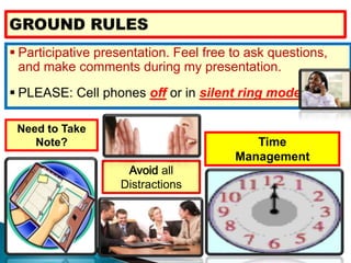  Participative presentation. Feel free to ask questions,
and make comments during my presentation.
 PLEASE: Cell phones off or in silent ring mode
all
Distractions
Need to Take
Note? Time
Management
 
