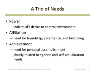 A Trio of Needs
• Power
– individual’s desire to control environment
• Affiliation
– need for friendship, acceptance, and ...