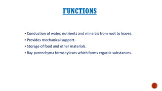 FUNCTIONS
▪ Conduction of water, nutrients and minerals from root to leaves.
▪ Provides mechanical support.
▪ Storage of food and other materials.
▪ Ray parenchyma forms tyloses which forms ergastic substances.
 