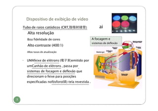 Dispositivo de exibição de vídeo
-
Tubo de raios catódicos (CRT,陰極射綫管)
-
Alta resolução
-
Boa fidelidade de cores
-
Alto contraste (400:1)
-
Altas taxas de atualização
3
ai
A focagem e
sistemas de deflexão
- UMAfeixe de elétrons (電⼦束)emitido por
umCanhão de elétrons , passa por
sistemas de focagem e deflexão que
direcionam o feixe para posições
especificadas nofósforo(磷)-tela revestida .
 