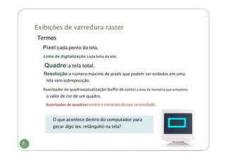 Exibições de varredura raster
9
-Termos
-
Pixel:cada ponto da tela.
-Linha de digitalização:cada linha da tela.
-Quadro:a tela total.
-Resolução:o número máximo de pixels que podem ser exibidos em uma
tela sem sobreposição.
-Suavizador de quadros(atualização/buffer de cores):a área de memória que armazena
o valor de cor de um quadro.
Suavizador de quadroscontém o conteúdo do que será exibido.
O que acontece dentro do computador para
gerar algo (ex: retângulo) na tela?
 