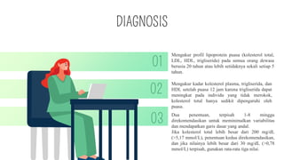 DIAGNOSIS
01
Mengukur profil lipoprotein puasa (kolesterol total,
LDL, HDL, trigliserida) pada semua orang dewasa
berusia 20 tahun atau lebih setidaknya sekali setiap 5
tahun.
02
Mengukur kadar kolesterol plasma, trigliserida, dan
HDL setelah puasa 12 jam karena trigliserida dapat
meningkat pada individu yang tidak merokok,
kolesterol total hanya sedikit dipengaruhi oleh
puasa.
03 Dua penentuan, terpisah 1-8 minggu
direkomendasikan untuk meminimalkan variabilitas
dan mendapatkan garis dasar yang andal.
Jika kolesterol total lebih besar dari 200 mg/dL
(>5,17 mmol/L), penentuan kedua direkomendasikan,
dan jika nilainya lebih besar dari 30 mg/dL (>0,78
mmol/L) terpisah, gunakan rata-rata tiga nilai.
 