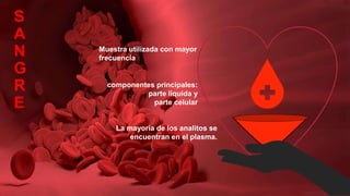 S
A
N
G
R
E
La mayoría de los analitos se
encuentran en el plasma.
componentes principales:
parte líquida y
parte celular
Muestra utilizada con mayor
frecuencia
 
