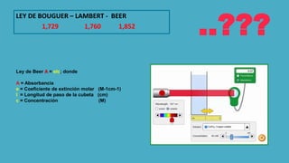 LEY DE BOUGUER – LAMBERT - BEER
1,729 1,760 1,852
Ley de Beer A = elc; donde
A = Absorbancia
e = Coeficiente de extinción molar (M-1cm-1)
l = Longitud de paso de la cubeta (cm)
c = Concentración (M)
..???
 
