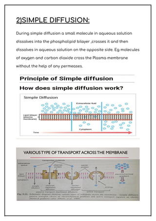 2)SIMPLE DIFFUSION:
During simple diffusion a small molecule in aqueous solution
dissolves into the phospholipid bilayer ,crosses it and then
dissolves in aqueous solution on the opposite side. Eg molecules
of oxygen and carbon dioxide cross the Plasma membrane
without the help of any permeases.
 