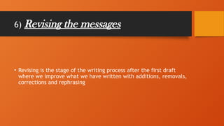 6) Revising the messages
• Revising is the stage of the writing process after the first draft
where we improve what we have written with additions, removals,
corrections and rephrasing
 