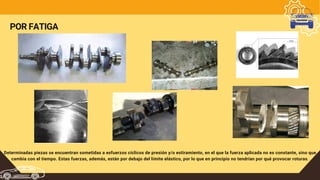 POR FATIGA
Determinadas piezas se encuentran sometidas a esfuerzos cíclicos de presión y/o estiramiento, en el que la fuerza aplicada no es constante, sino que
cambia con el tiempo. Estas fuerzas, además, están por debajo del límite elástico, por lo que en principio no tendrían por qué provocar roturas.
 