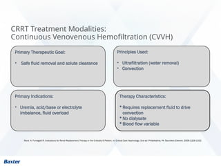 CRRT Treatment Modalities:
Continuous Venovenous Hemofiltration (CVVH)
Rona A, Fumagalli R. Indications for Renal Replacement Therapy in the Critically Ill Patient. In: Critical Care Nephrology; 2nd ed. Philadelphia, PA: Saunders Elsevier; 2009:1328-1332
Primary Therapeutic Goal:
• Safe fluid removal and solute clearance
Principles Used:
• Ultrafiltration (water removal)
• Convection
Therapy Characteristics:
 Requires replacement fluid to drive
convection
 No dialysate
 Blood flow variable
Primary Indications:
• Uremia, acid/base or electrolyte
imbalance, fluid overload
 