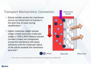 Transport Mechanisms: Convection
Solvent Drag
• Solute transfer across the membrane
occurs via entrainment of solutes in
the bulk flow of water during
ultrafiltration1
• Higher molecular weight solutes
(larger circles) and lower molecular
weight (< 500-1,500 Daltons) solutes
(smaller circles) are transported
across the membrane with equal
efficiency until the molecular radius
of the solute exceeds the membrane
pore size1
Solvent Drag
Blood Side Effluent Side
FLOW
Replacement
Solution
Solutes
1. Tandukar, Srijan et al. Continuous Renal Replacement Therapy CHEST, March 2019 Volume 155, Issue3, Pages 626–638
 